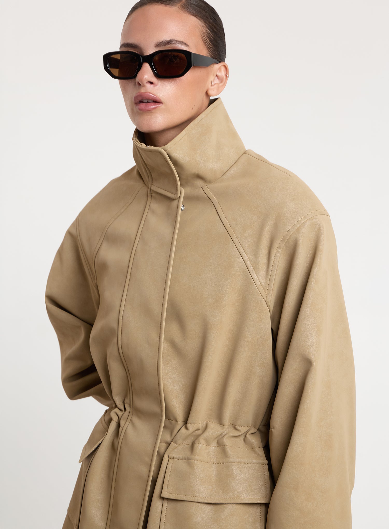 Beige Faux Suede Cinched Waist Funnel Neck Jacket